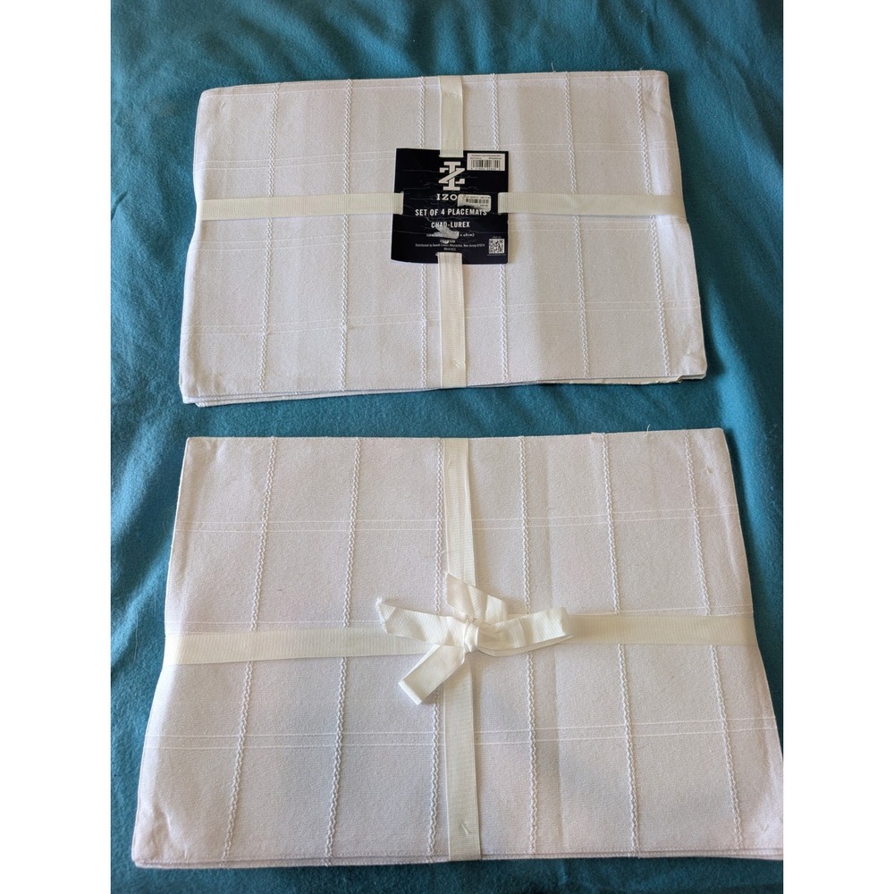 8 IZOD Chadwick Silver White Windowpane Holiday Fabric Placemats 13x19 Set of 8